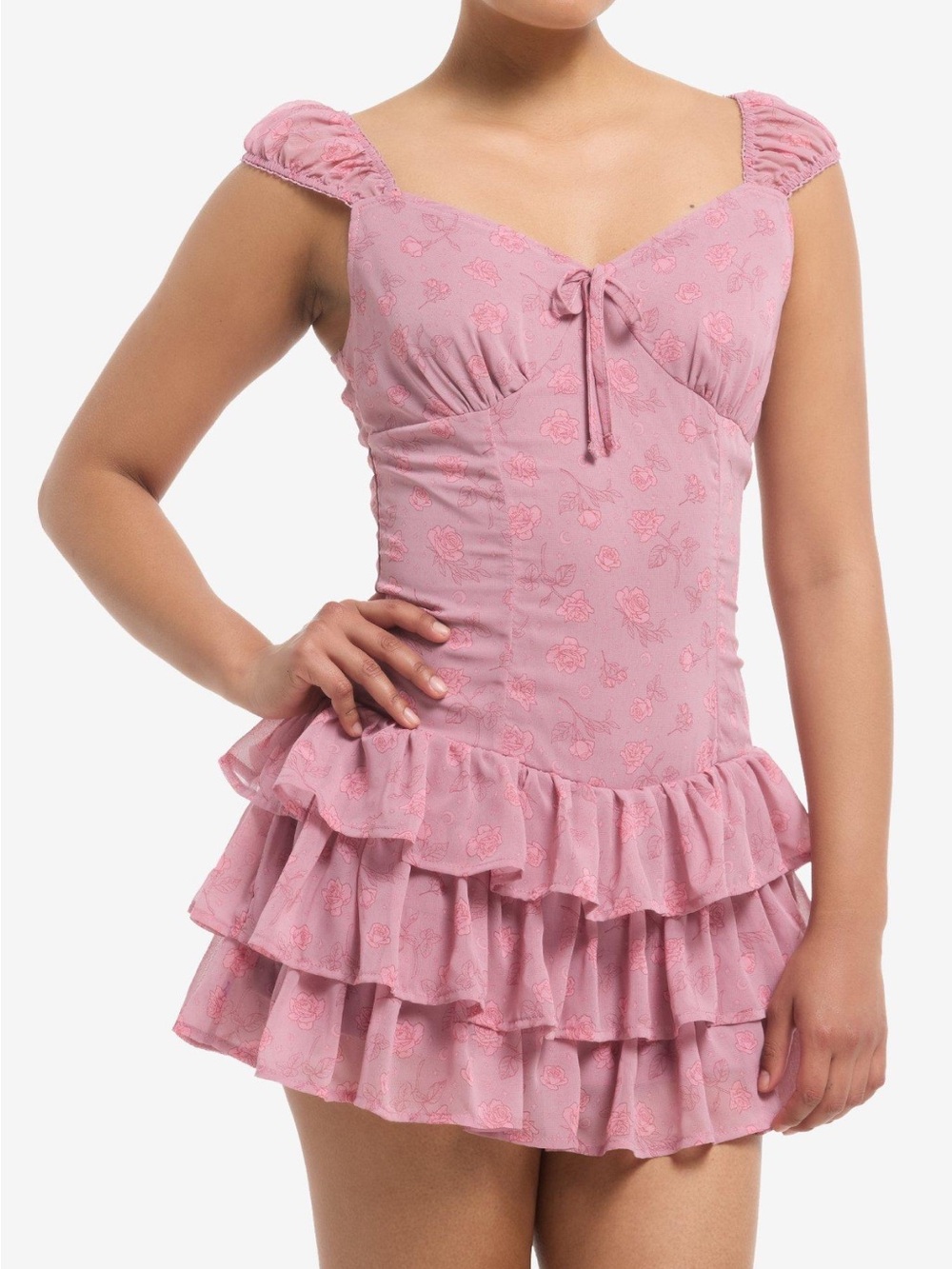 Sweet Society Pink Rose Tiered Mini Dress With Shorts